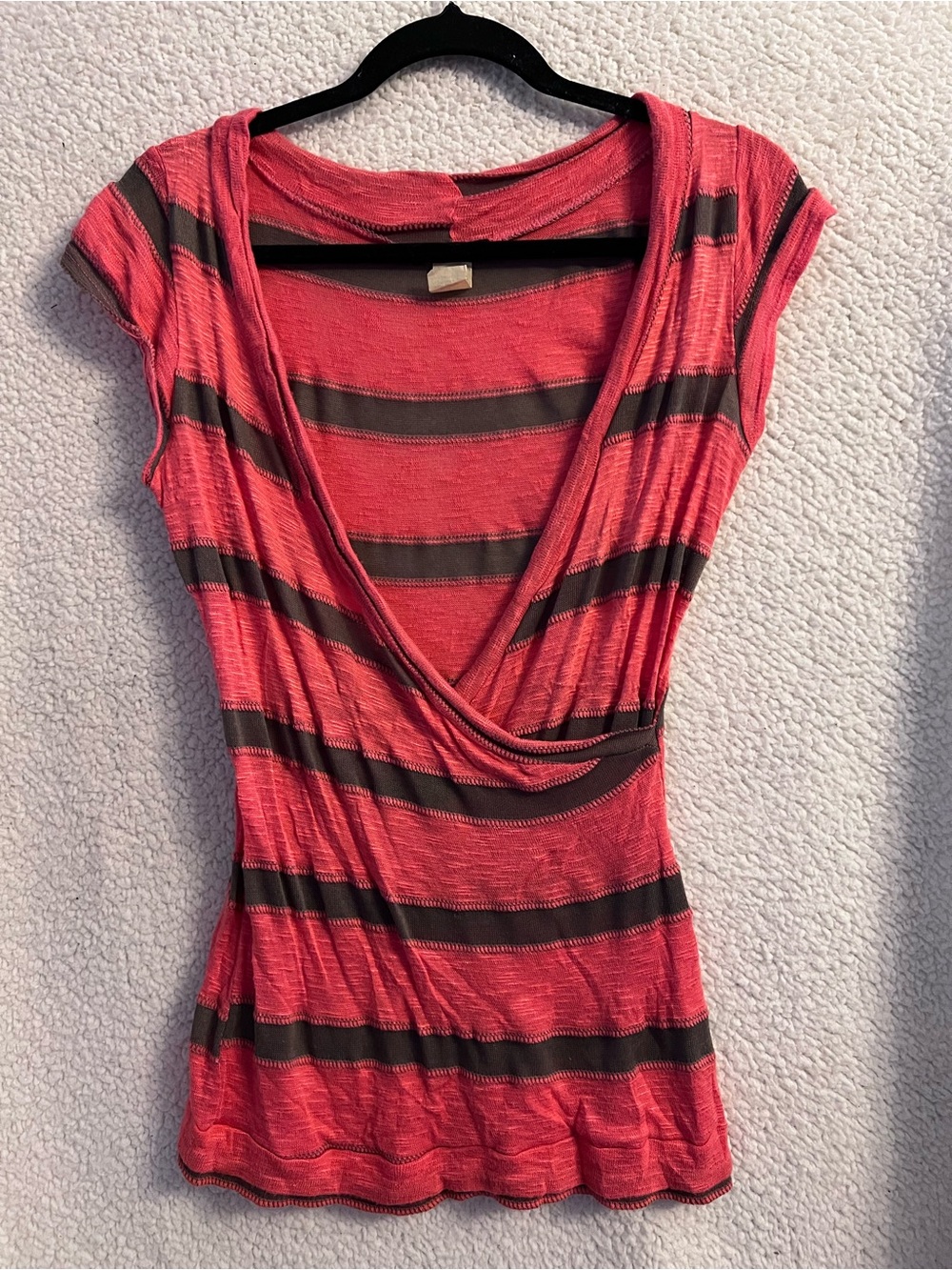 Deb Y2K Vintage Mallcore Coral and Gray Striped Wrap-Front Cap-Sleeve